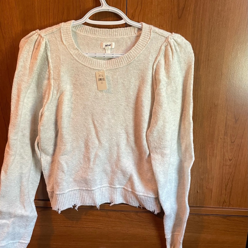 Aerie Cream Crew Neck Sweater with Puff Sleeves
